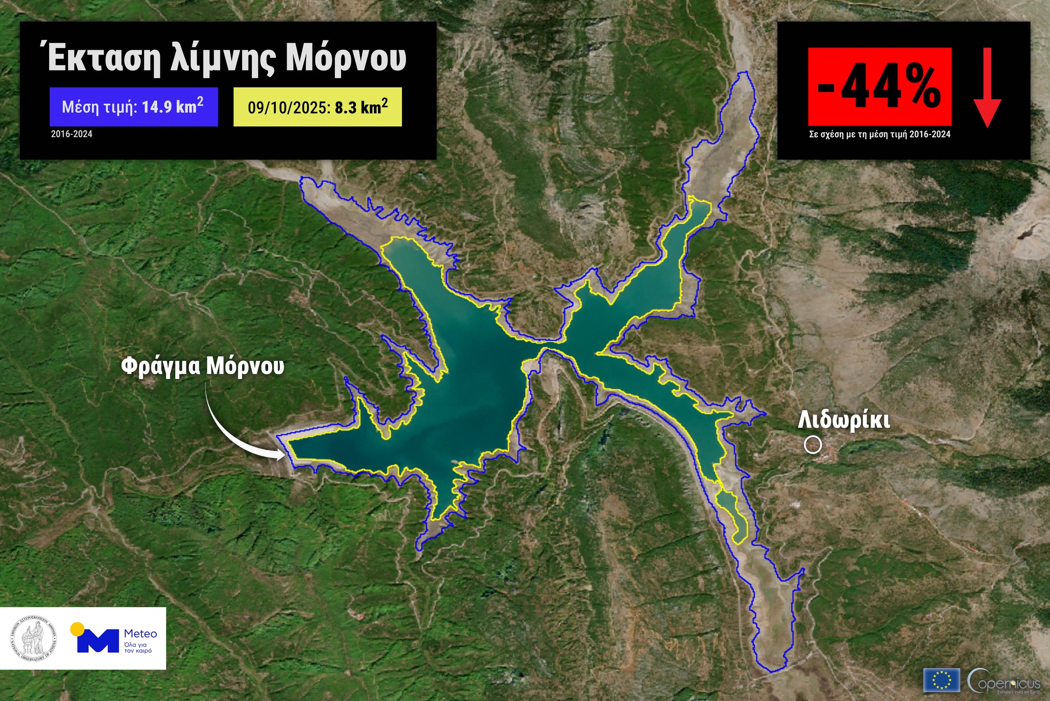 λίμνη Μόρνου με χαμηλή στάθμη νερού