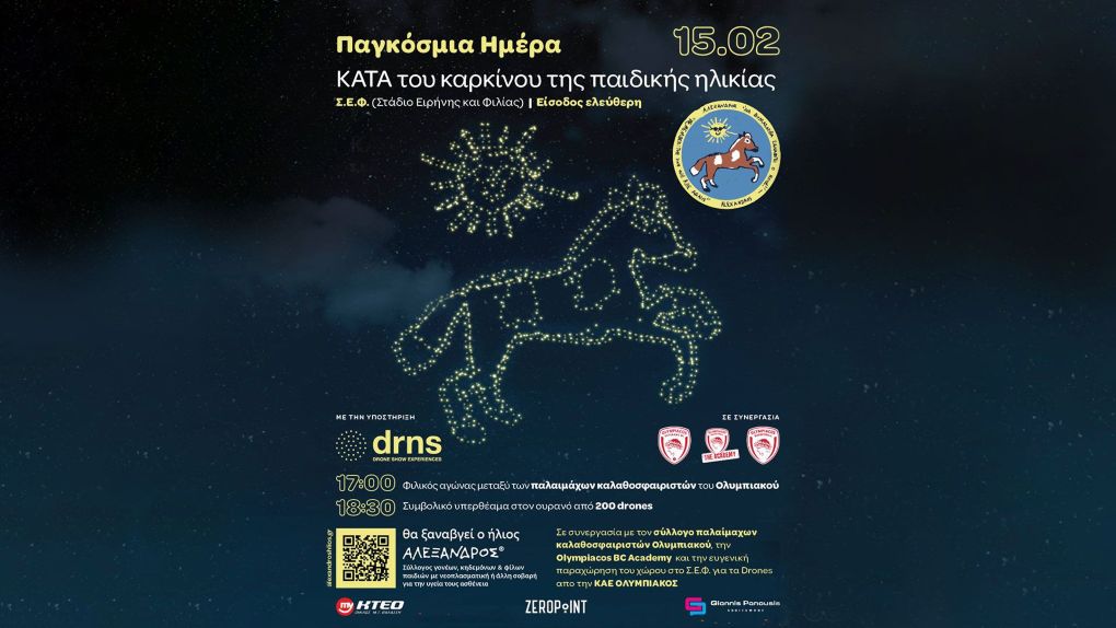 Ολυμπιακός φιλικός αγώνας στο ΣΕΦ για την Παγκόσμια Ημέρα κατά του Παιδικού Καρκίνου με 200 drones